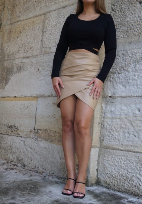 Faux Pleated Leather Skirt Camel