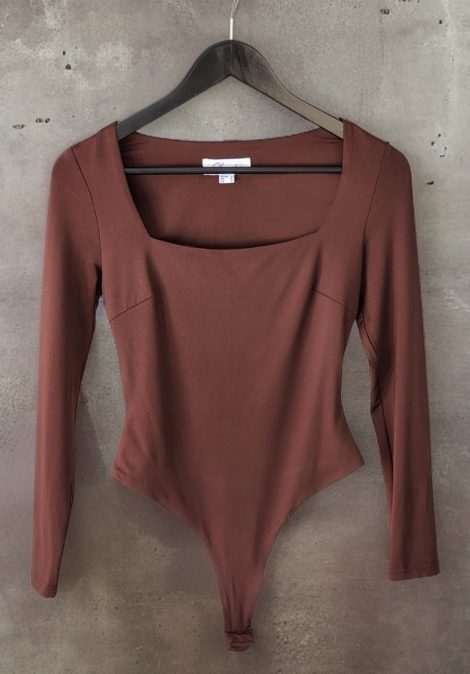 Brown Square Neck Long sleeve Thong Bodysuit