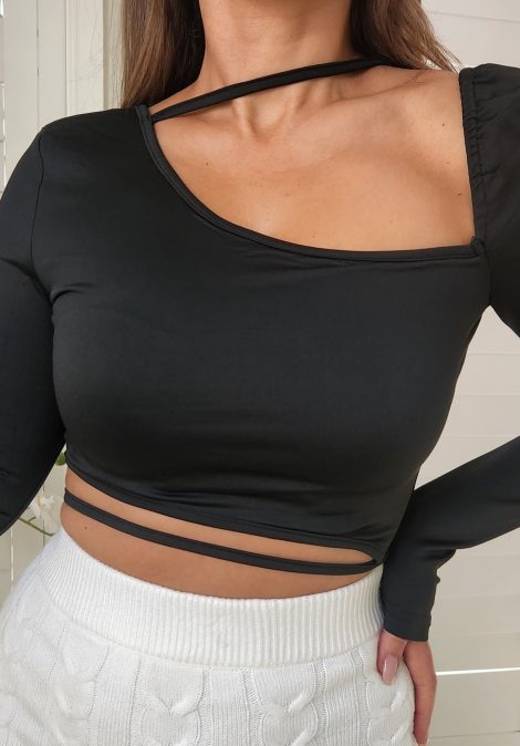 Black Long Sleeved Crop Top with String Detail